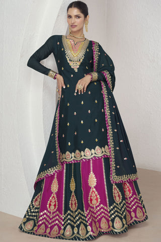 Vartika Singh Navy Blue Color Glorious Readymade Chiffon Silk Sharara Top Lehenga