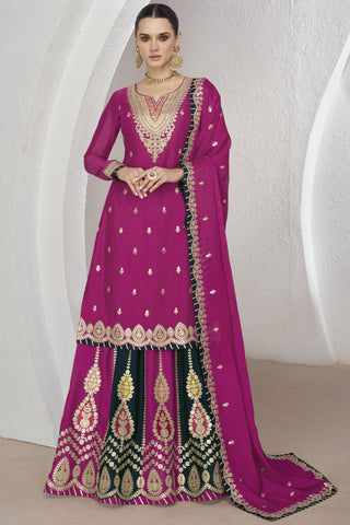 Eugeniya Belousova Luminous Readymade Chiffon Silk Sharara Top Lehenga In Rani Color