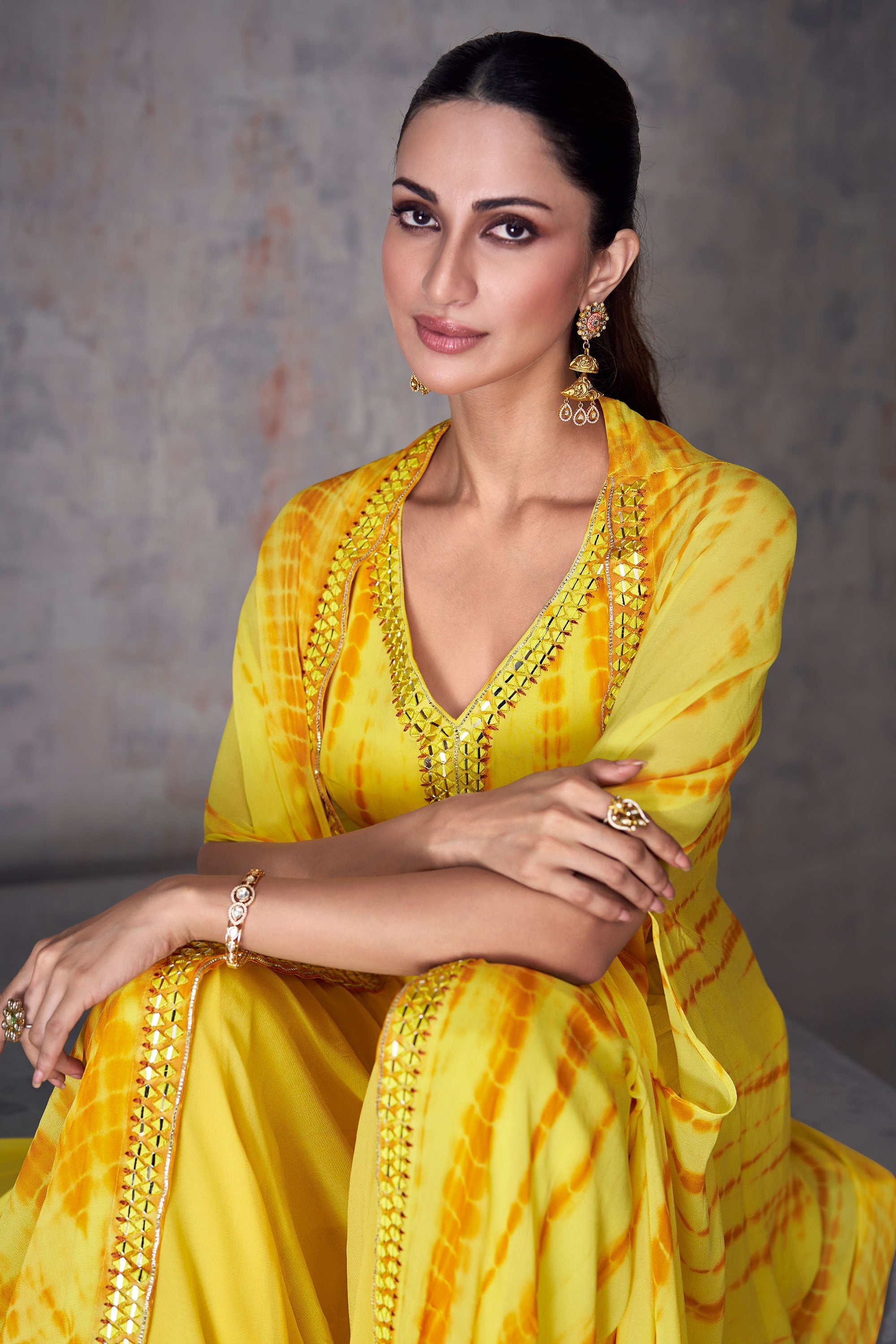 Diksha Singh Glamorous Yellow Color Georgette Readymade Indo Western Palazzo With Shrug