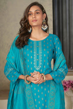 Load image into Gallery viewer, Festival Wear Captivating Rayon Fabric Readymade Salwar Suit In Cyan Color
