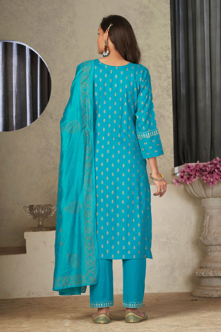 Festival Wear Captivating Rayon Fabric Readymade Salwar Suit In Cyan Color