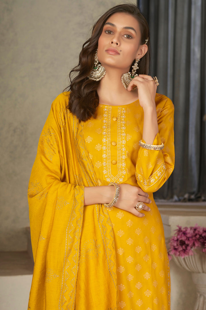 Appealing Festival Wear Rayon Fabric Readymade Salwar Suit In Yellow Color