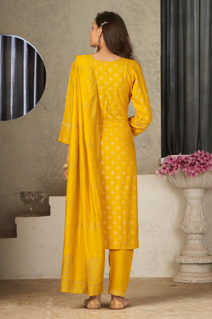 Appealing Festival Wear Rayon Fabric Readymade Salwar Suit In Yellow Color