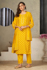 Load image into Gallery viewer, Appealing Festival Wear Rayon Fabric Readymade Salwar Suit In Yellow Color

