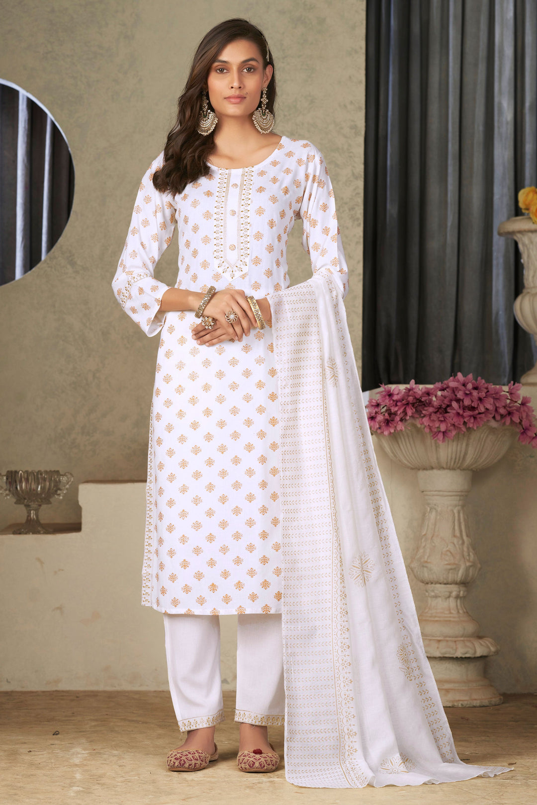 Imperial White Color Rayon Fabric Readymade Salwar Suit In Festival Wear | Buy Online India