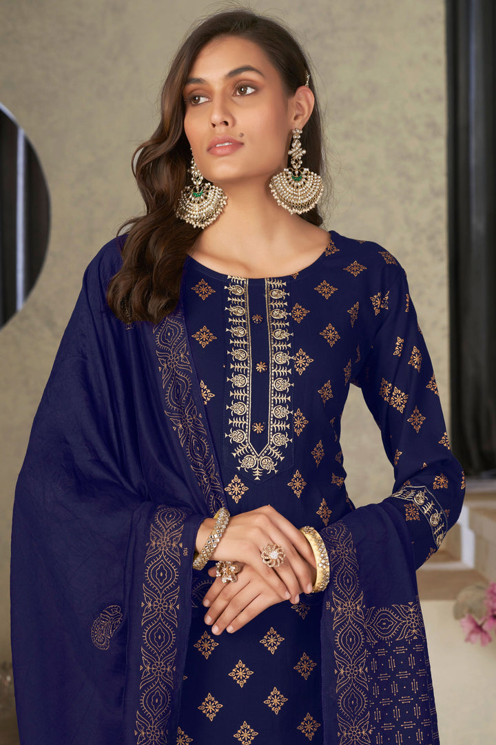 Festival Wear Flamboyant Rayon Fabric Readymade Salwar Suit In Navy Blue Color