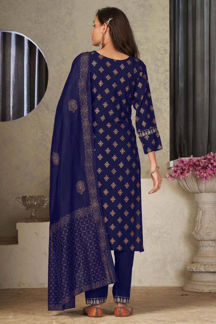 Festival Wear Flamboyant Rayon Fabric Readymade Salwar Suit In Navy Blue Color