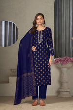 Load image into Gallery viewer, Festival Wear Flamboyant Rayon Fabric Readymade Salwar Suit In Navy Blue Color
