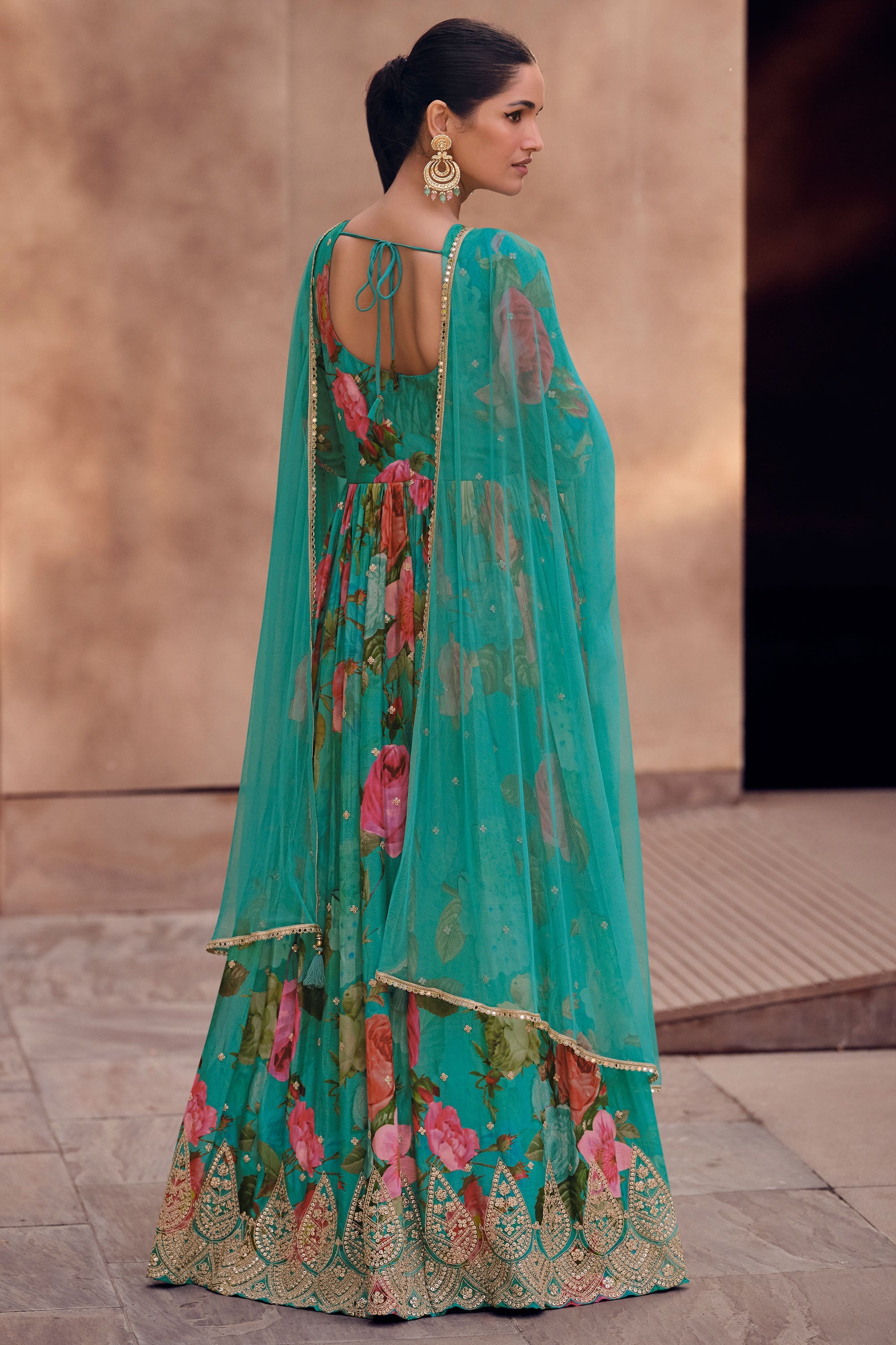 Vartika Singh Sea Green Color Charismatic Georgette Readymade Gown With Dupatta