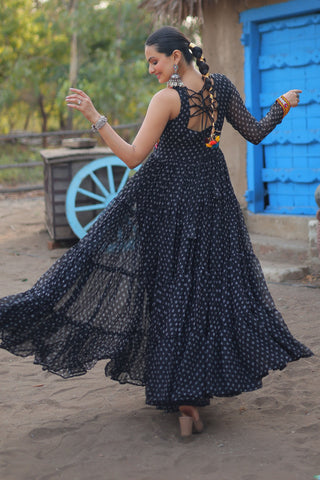 Bandhani Printed Black Color Glorious Readymade Long Gown In Georgette Fabric