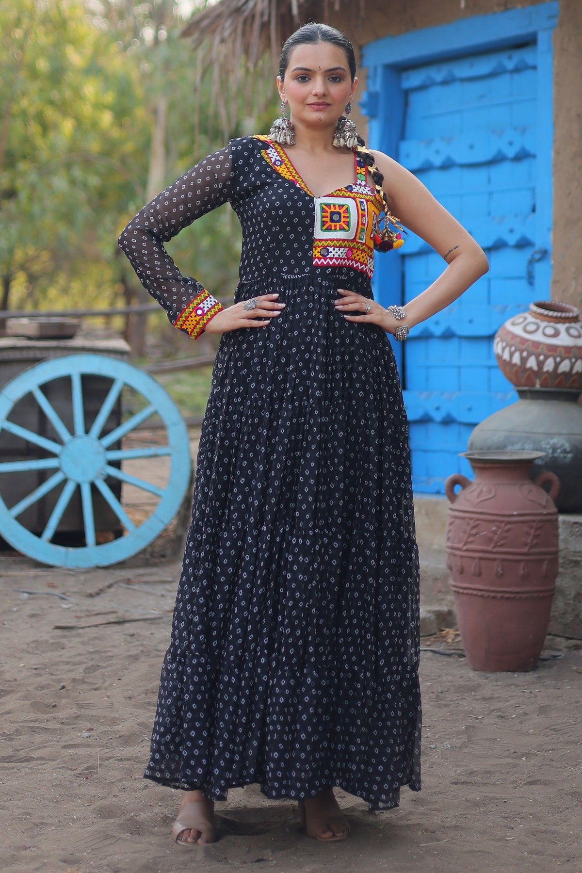 Bandhani Printed Black Color Glorious Readymade Long Gown In Georgette Fabric