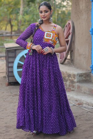 Georgette Fabric Bandhani Printed Charismatic Readymade Long Gown In Purple Color