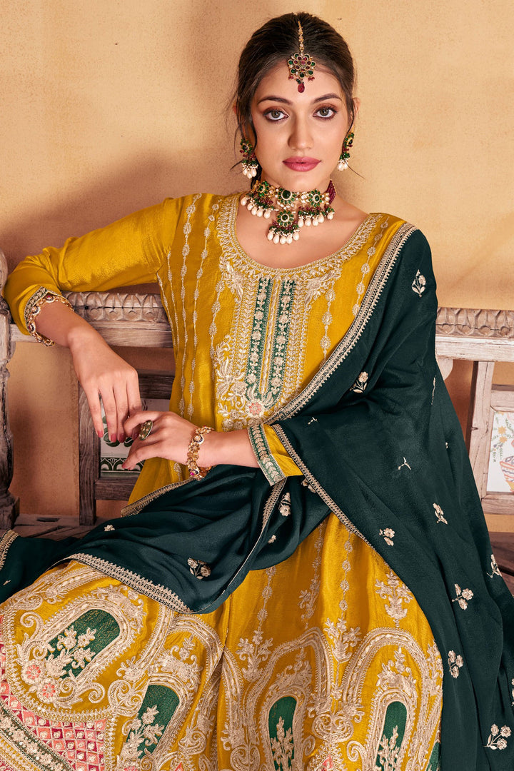 Yellow Color Chinon Fabric Ravishing Function Wear Readymade Palazzo Suit