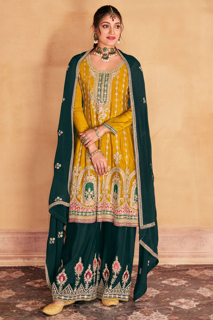 Yellow Color Chinon Fabric Ravishing Function Wear Readymade Palazzo Suit