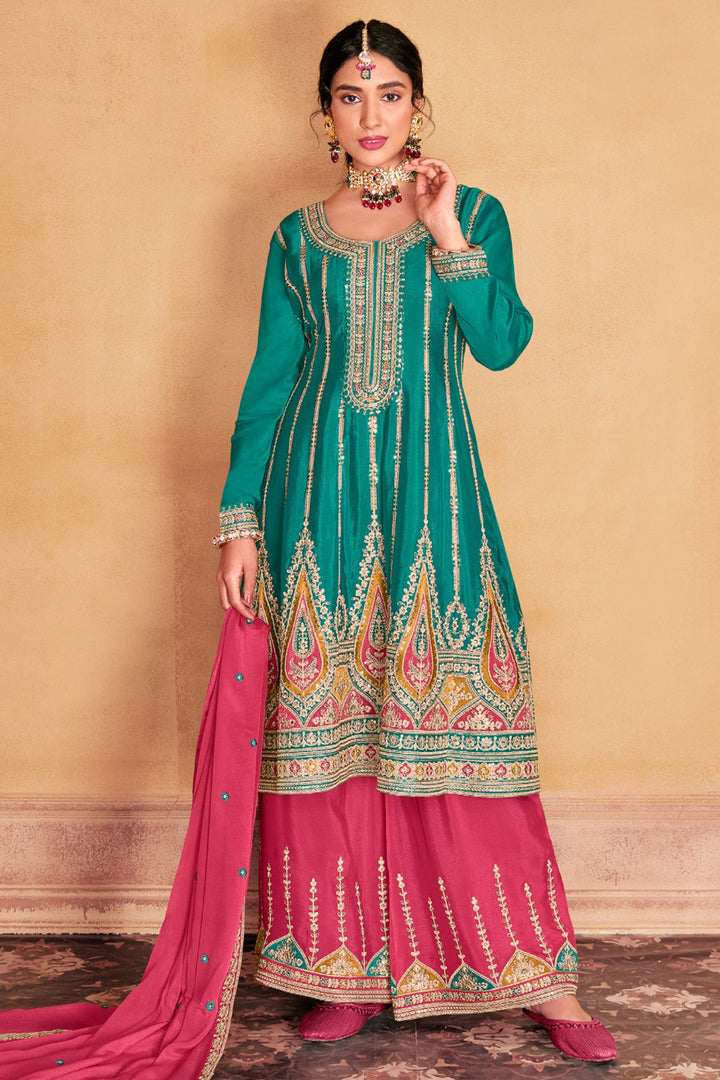 Cyan Color Chinon Fabric Enticing Function Wear Readymade Palazzo Suit