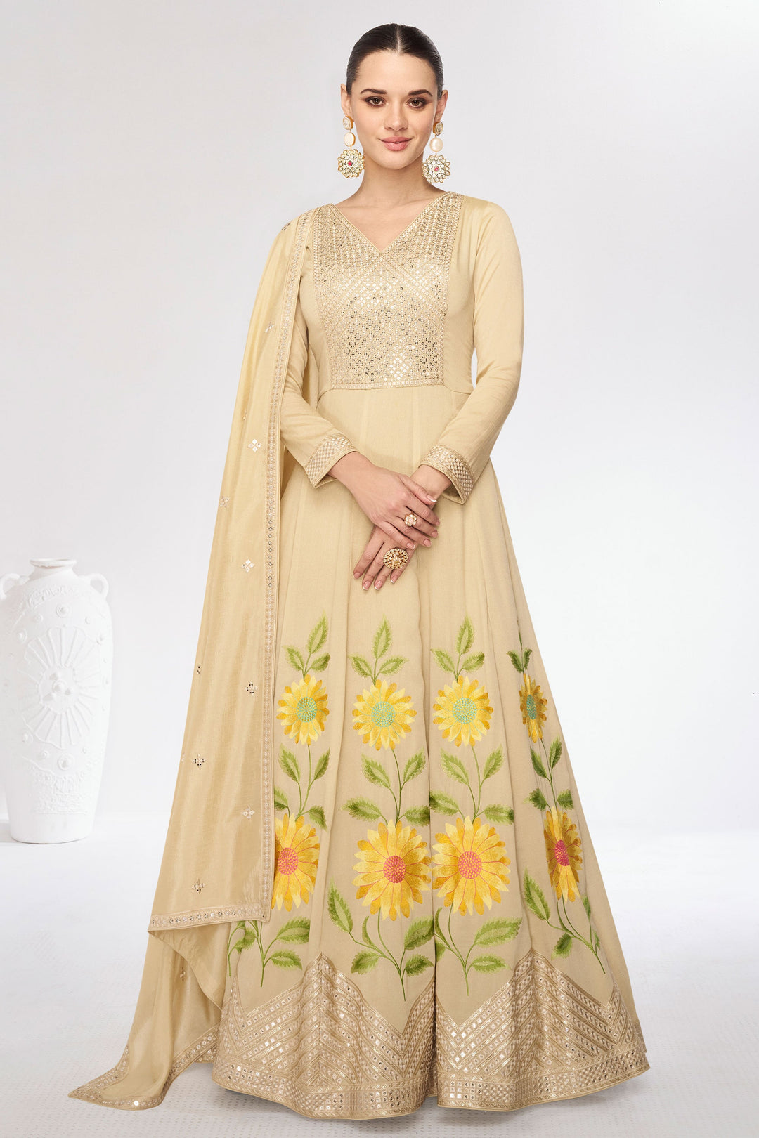 Eugeniya Belousova Art Silk Fabric Luminous Readymade Gown With Dupatta In Beige Color