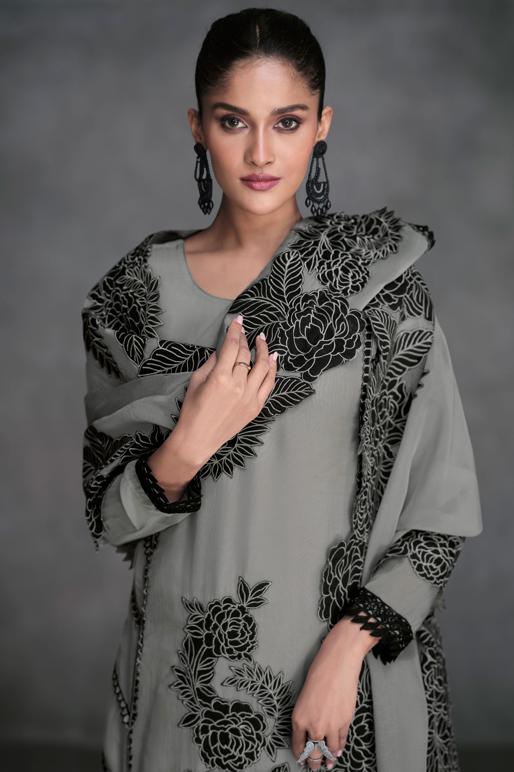 Sushrii Mishraa Charming Grey Color Organza Fabric Readymade Salwar Suit