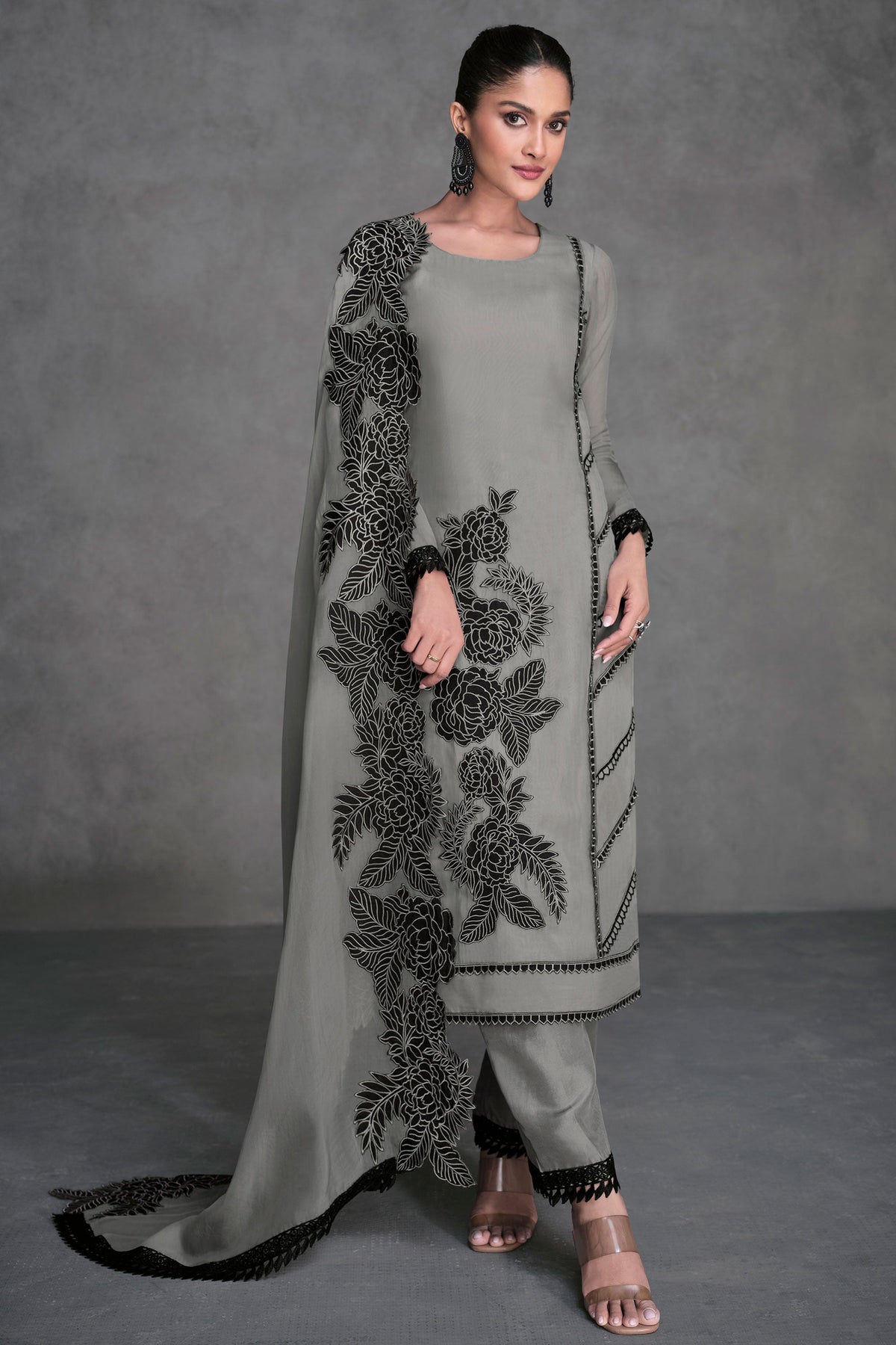 Sushrii Mishraa Charming Grey Color Organza Fabric Readymade Salwar Suit