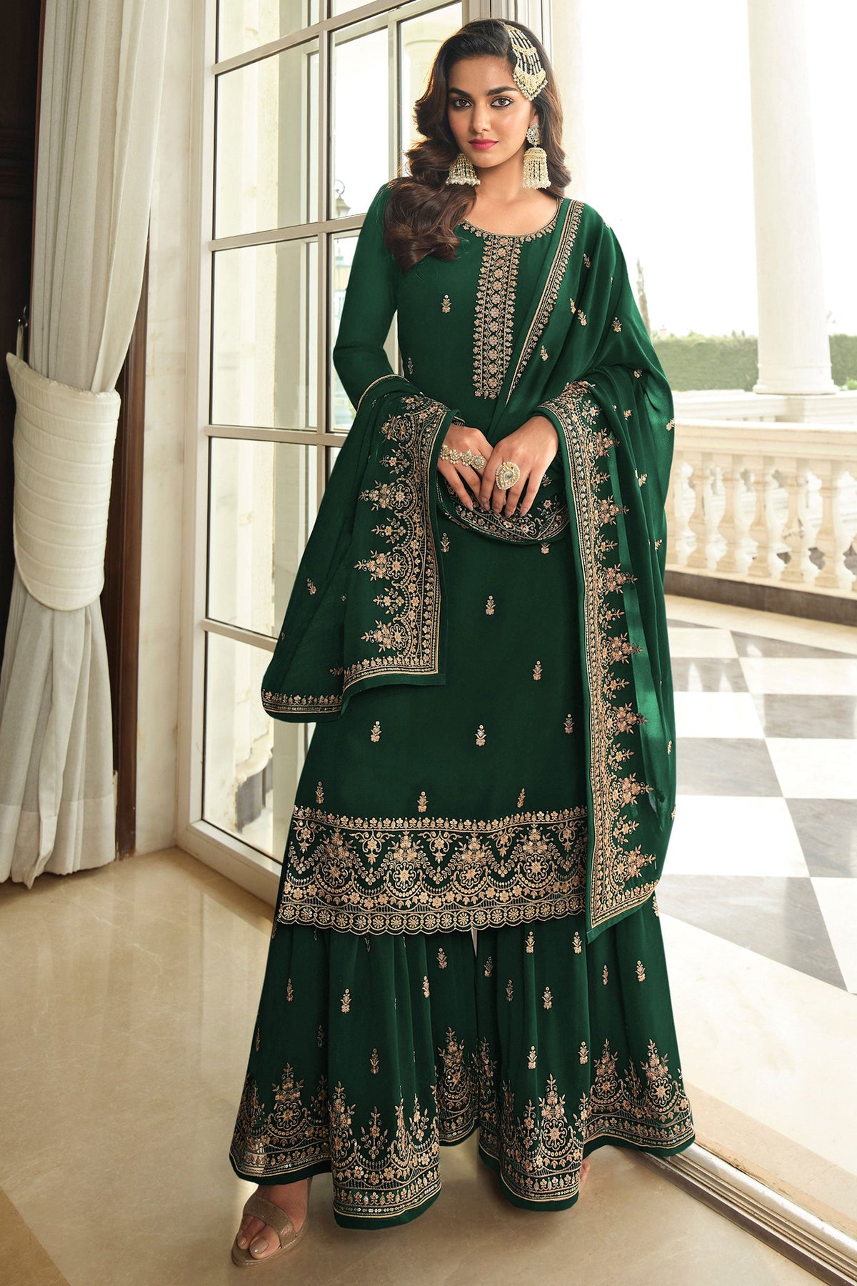 Excellent Georgette Fabric Green Color Palazzo Suit With Embroidered Work