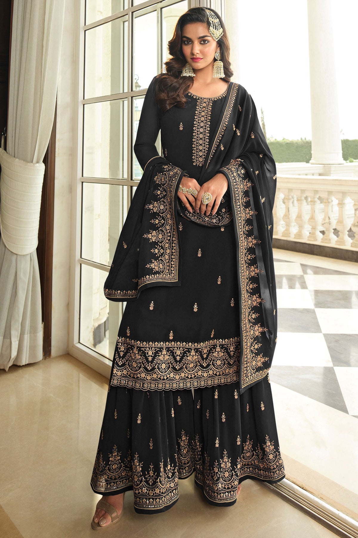 Beguiling Embroidered Work On Black Color Georgette Fabric Palazzo Suit