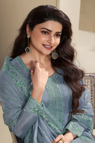 Prachi Desai Grey Color Art Silk Fabric Tempting Embroidered Salwar Suit