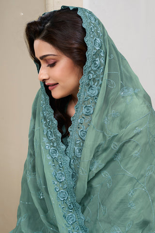 Prachi Desai Alluring Art Silk Fabric Sea Green Color Embroidered Salwar Suit