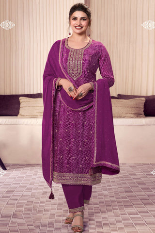 Prachi Desai Chinon Fabric Festive Wear Lovely Salwar Suit In Purple Color