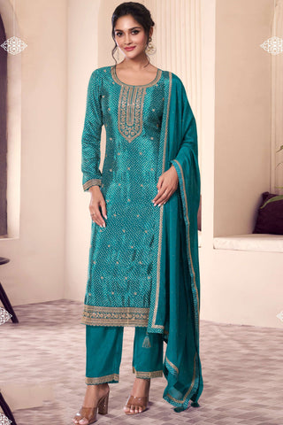 Sushrii Mishraa Festive Wear Teal Color Fabulous Salwar Suit In Chinon Fabric