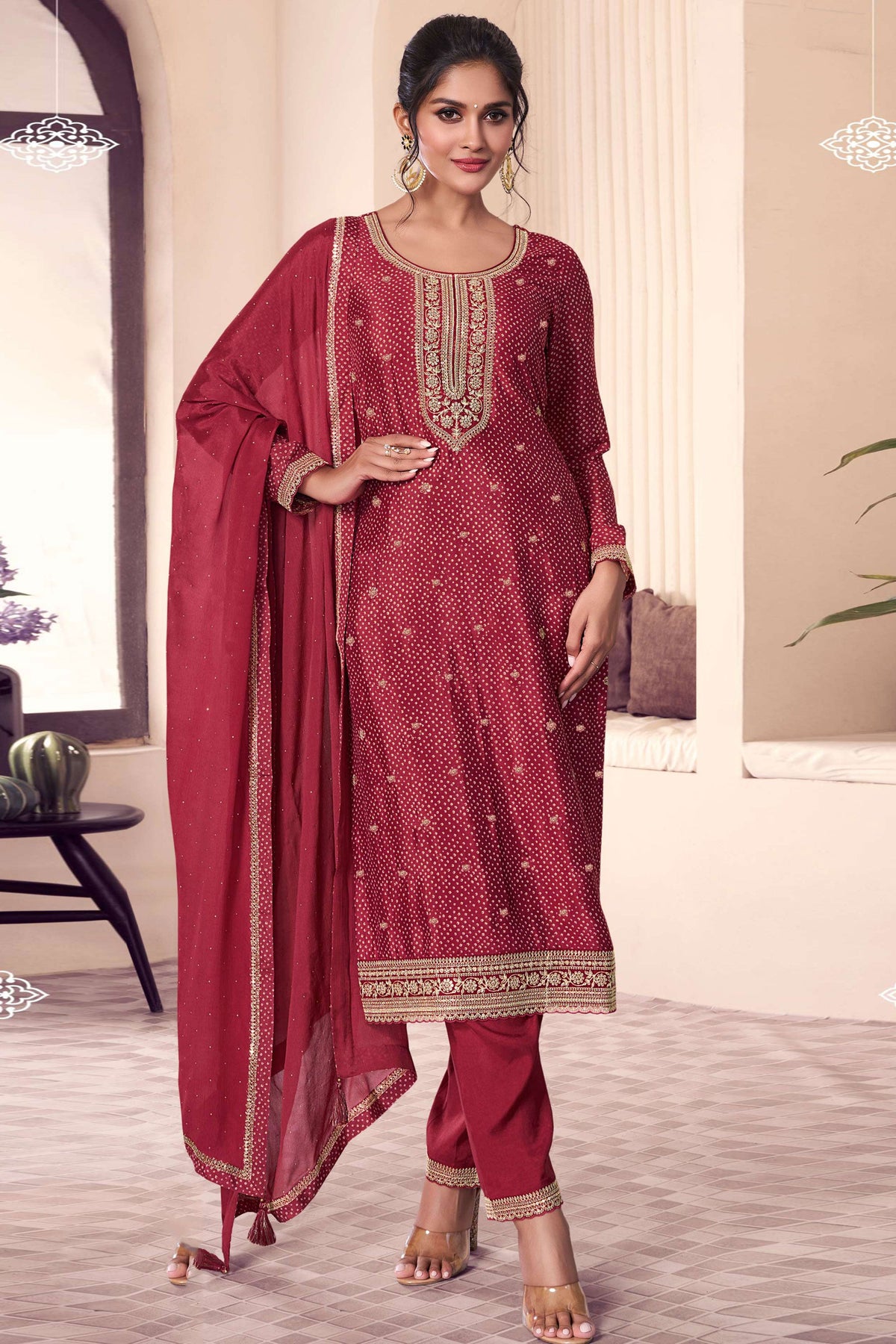 Sushrii Mishraa Chinon Fabric Maroon Color Festive Wear Salwar Suit