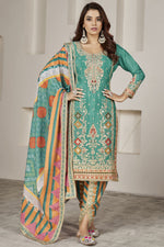 Load image into Gallery viewer, Cyan Color Chinon Fabric Embroidered Readymade Patiala Suit for Function
