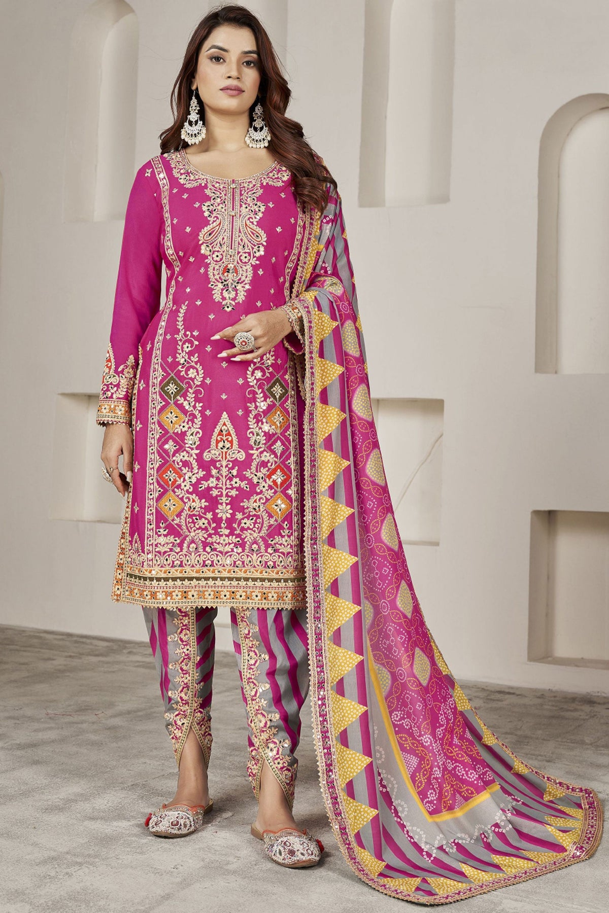 Stylish Rani Color Chinon Fabric Readymade Patiala Suit