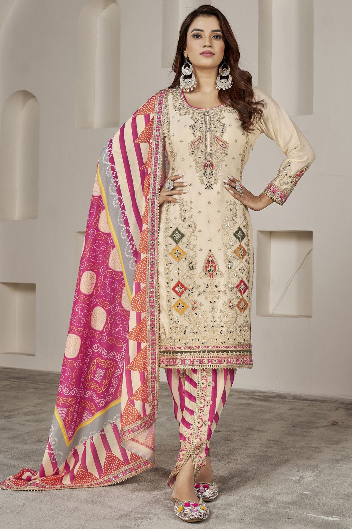 Elegant Beige Color Chinon Fabric Function Wear Readymade Patiala Suit