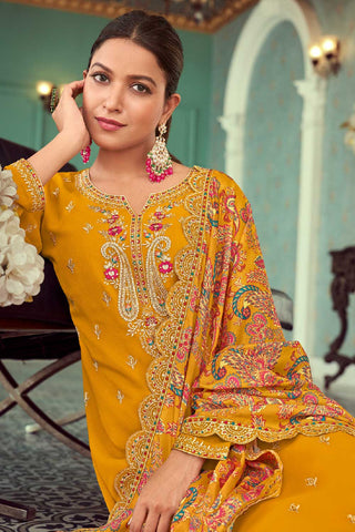 Engaging Mustard Color Georgette Fabric Festive Wear Salwar Suit