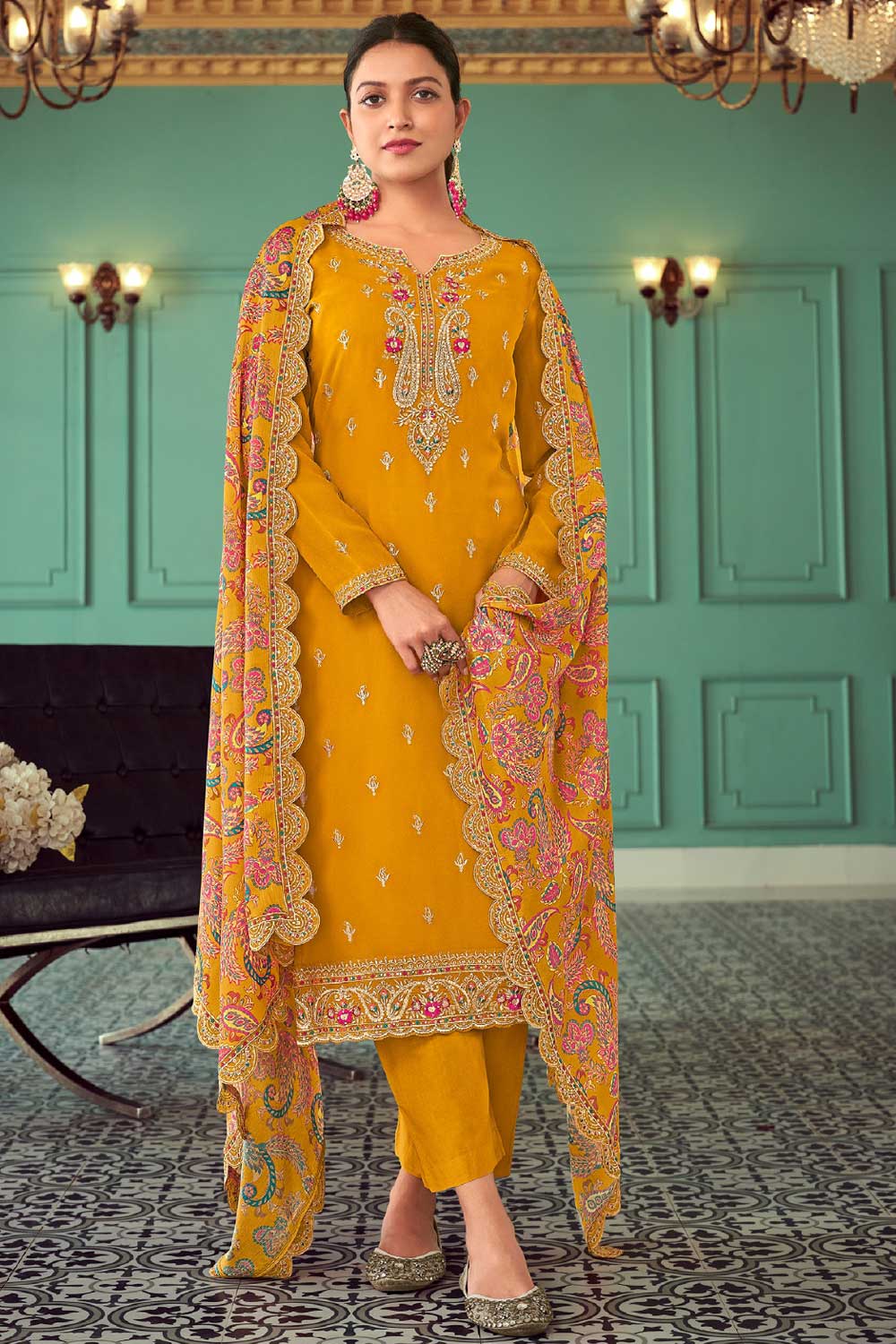 Engaging Mustard Color Georgette Fabric Festive Wear Salwar Suit