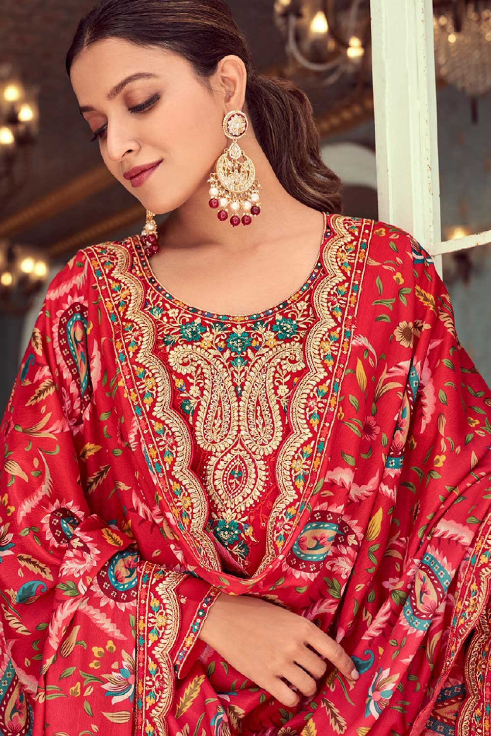 Creative Festive Wear Georgette Fabric Salwar Suit In Red Color