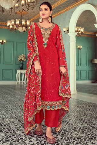 Creative Festive Wear Georgette Fabric Salwar Suit In Red Color