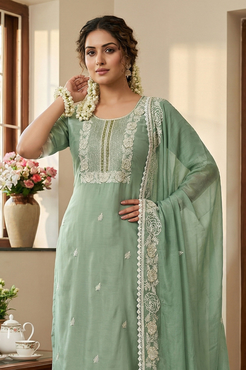 Cotton Fabric Sea Green Color Beatific Look Straight Cut Salwar Suits | Buy Online India