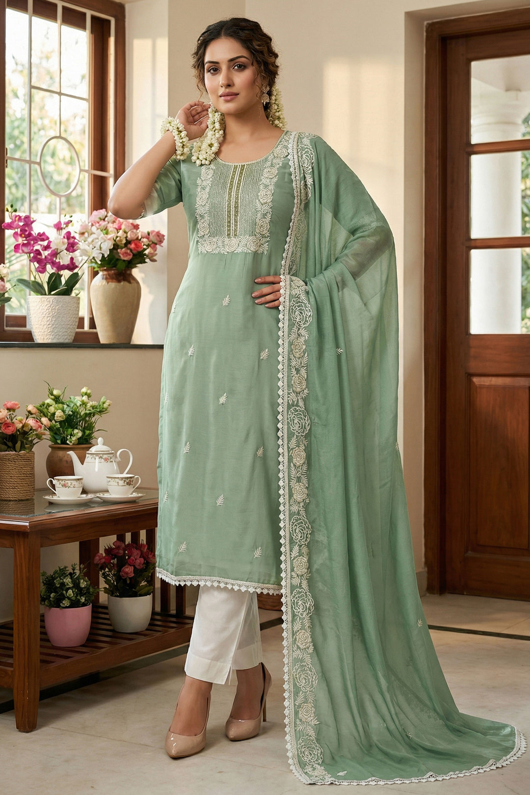 Cotton Fabric Sea Green Color Beatific Look Straight Cut Salwar Suits | Buy Online India