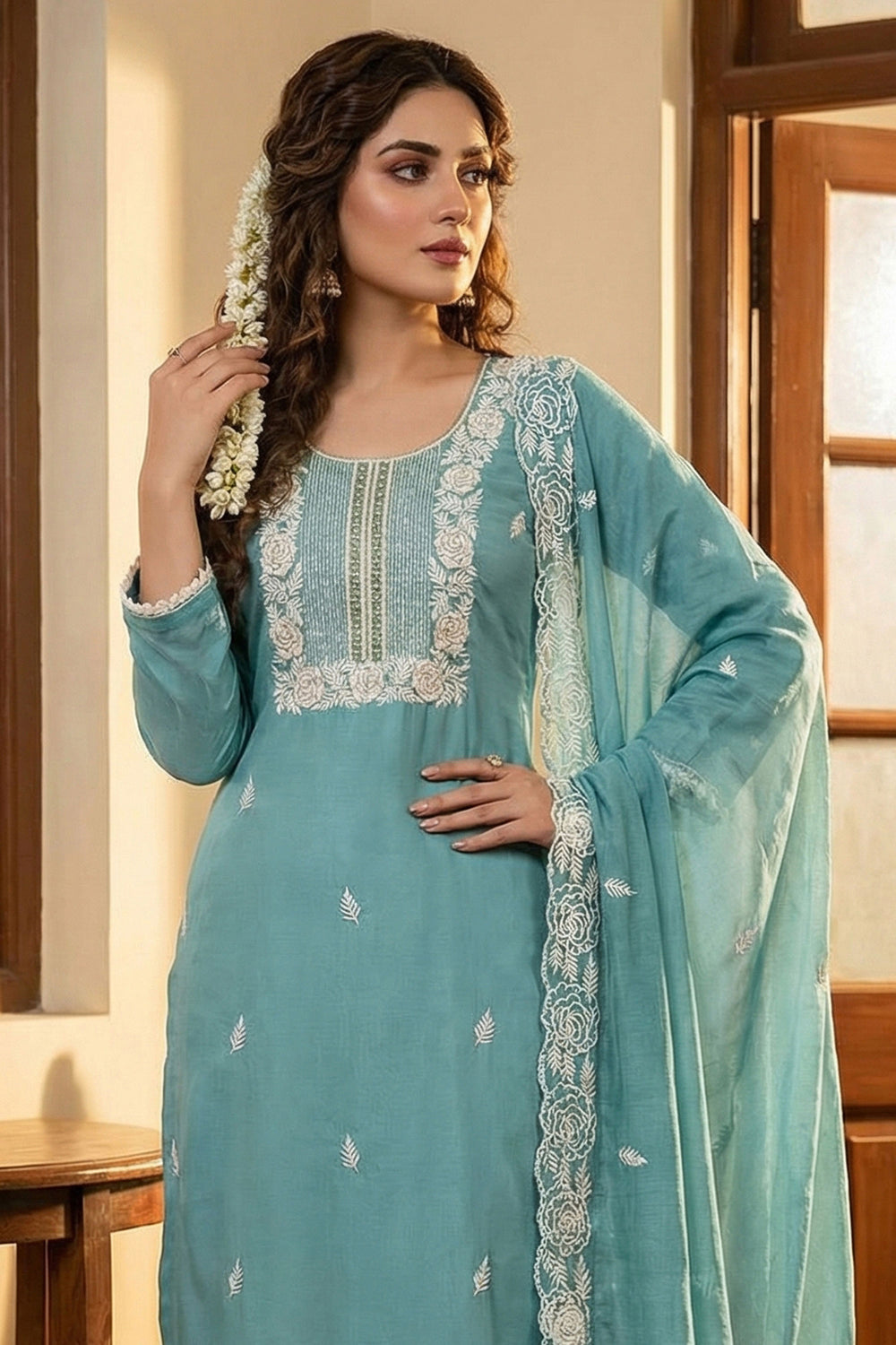 Cotton Fabric Cyan Color Gorgeous Look Straight Cut Salwar Suits | Buy Online India
