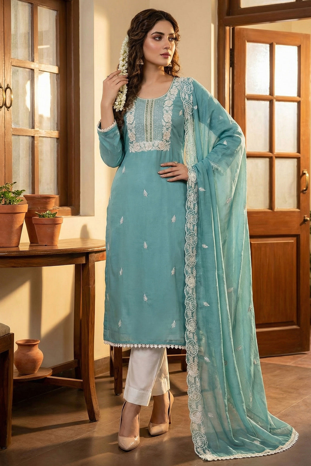 Cotton Fabric Cyan Color Gorgeous Look Straight Cut Salwar Suits | Buy Online India