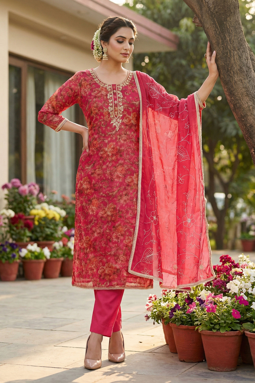 Trendy Organza Fabric Rani Color Salwar suit | Buy Online India