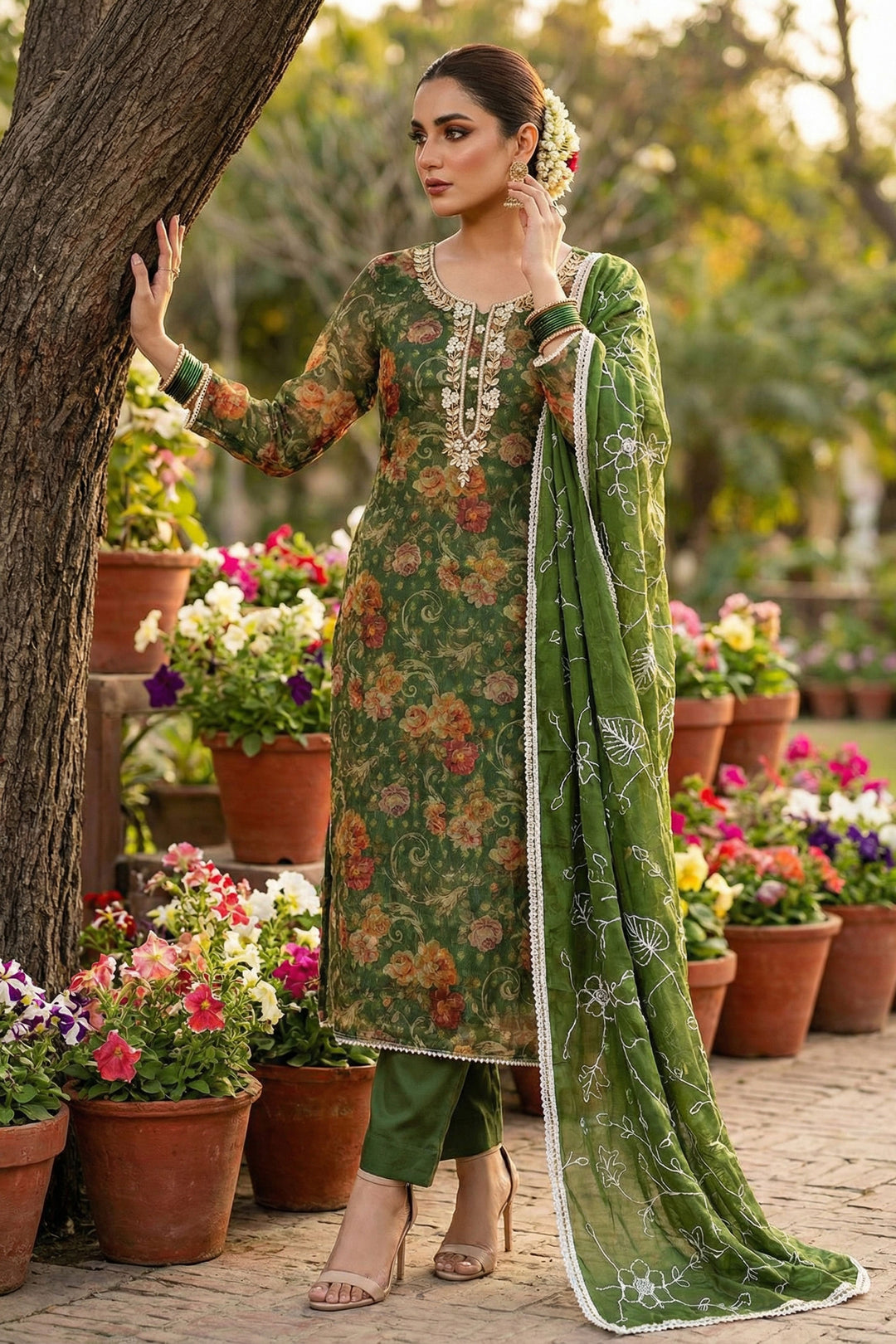 Dark Green Color Exquisite Salwar suit In Organza Fabric | Buy Online India