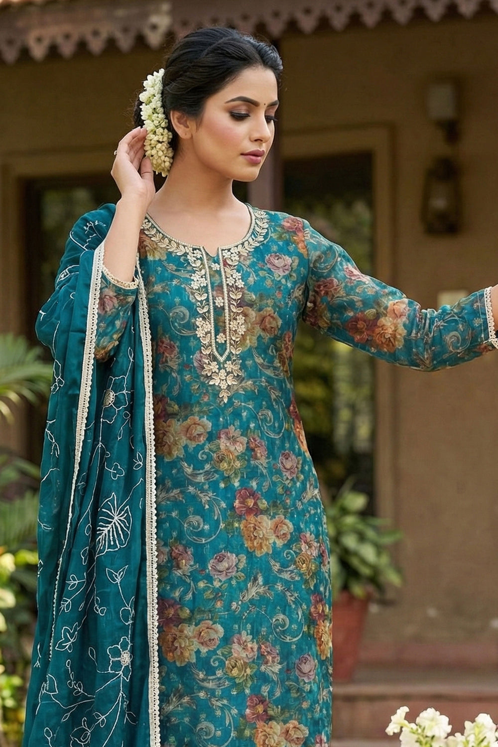 Attractive Organza Fabric Teal Color Salwar suit | Buy Online India