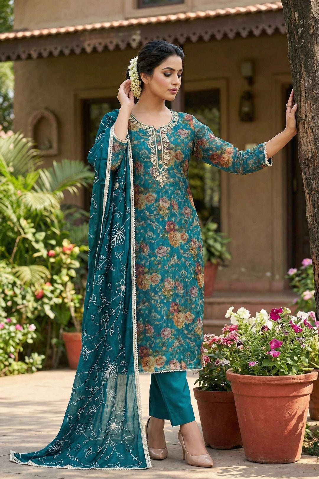 Attractive Organza Fabric Teal Color Salwar suit | Buy Online India