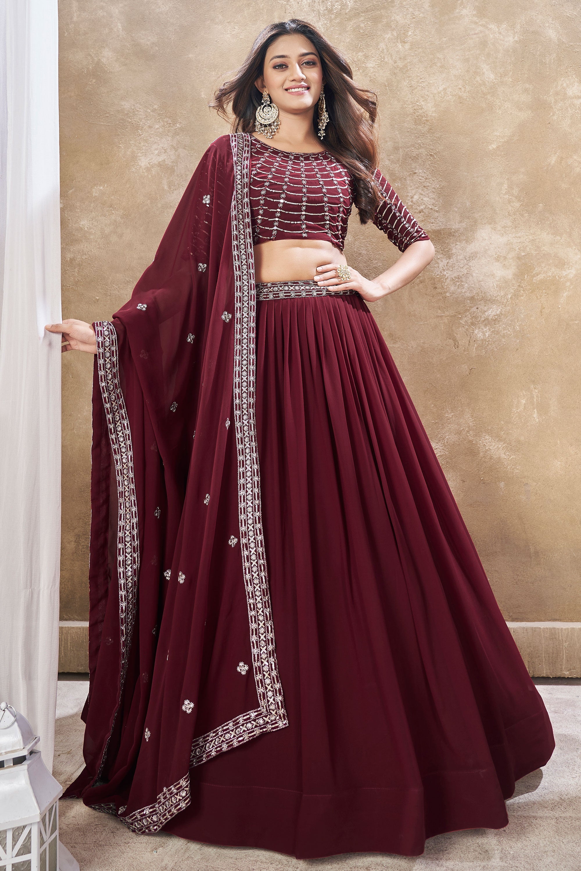 Maroon Color Georgette Fabric Engaging Lehenga With Sequins Work