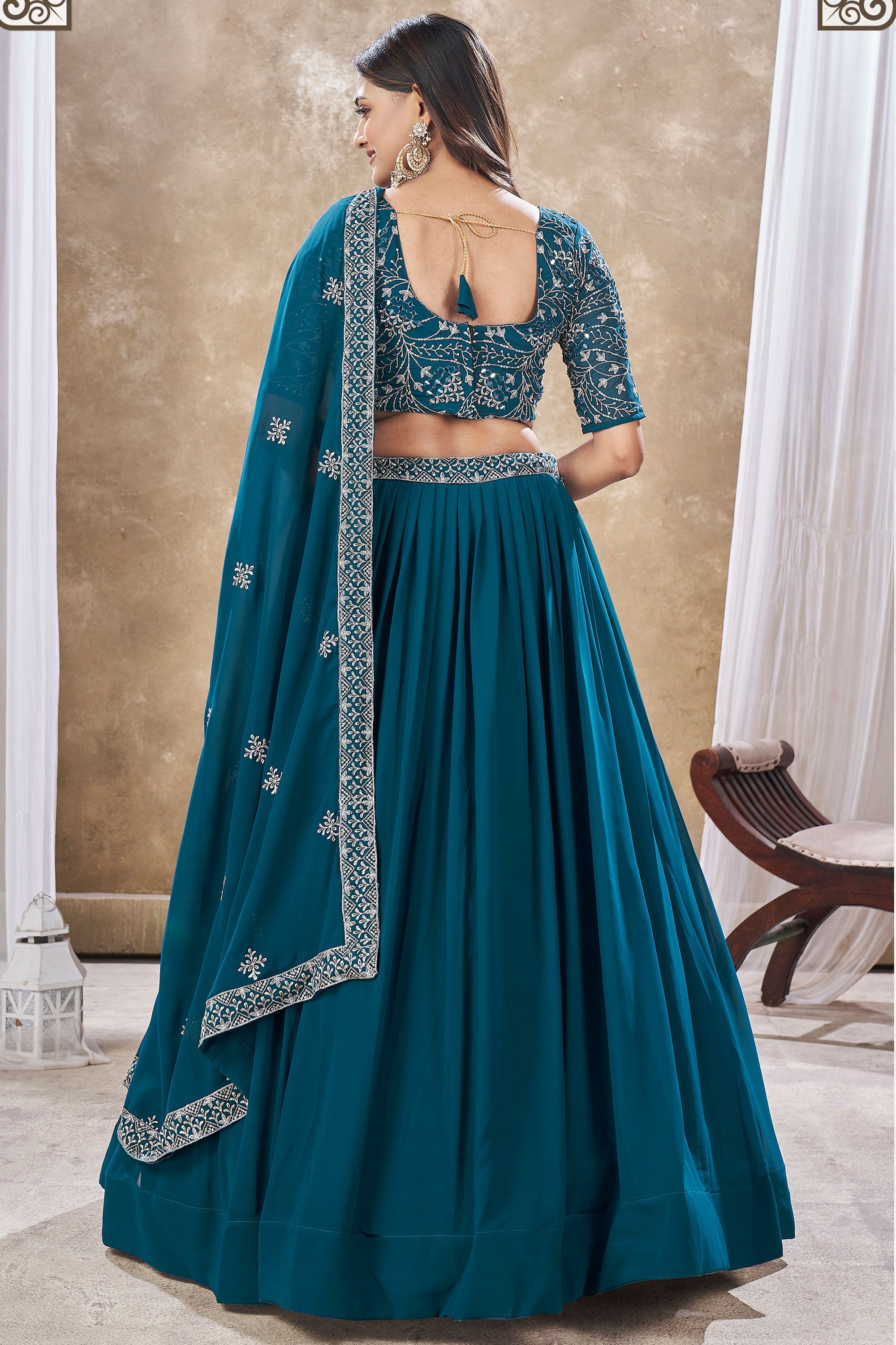 Beguiling Sequins Work On Teal Color Georgette Fabric Lehenga