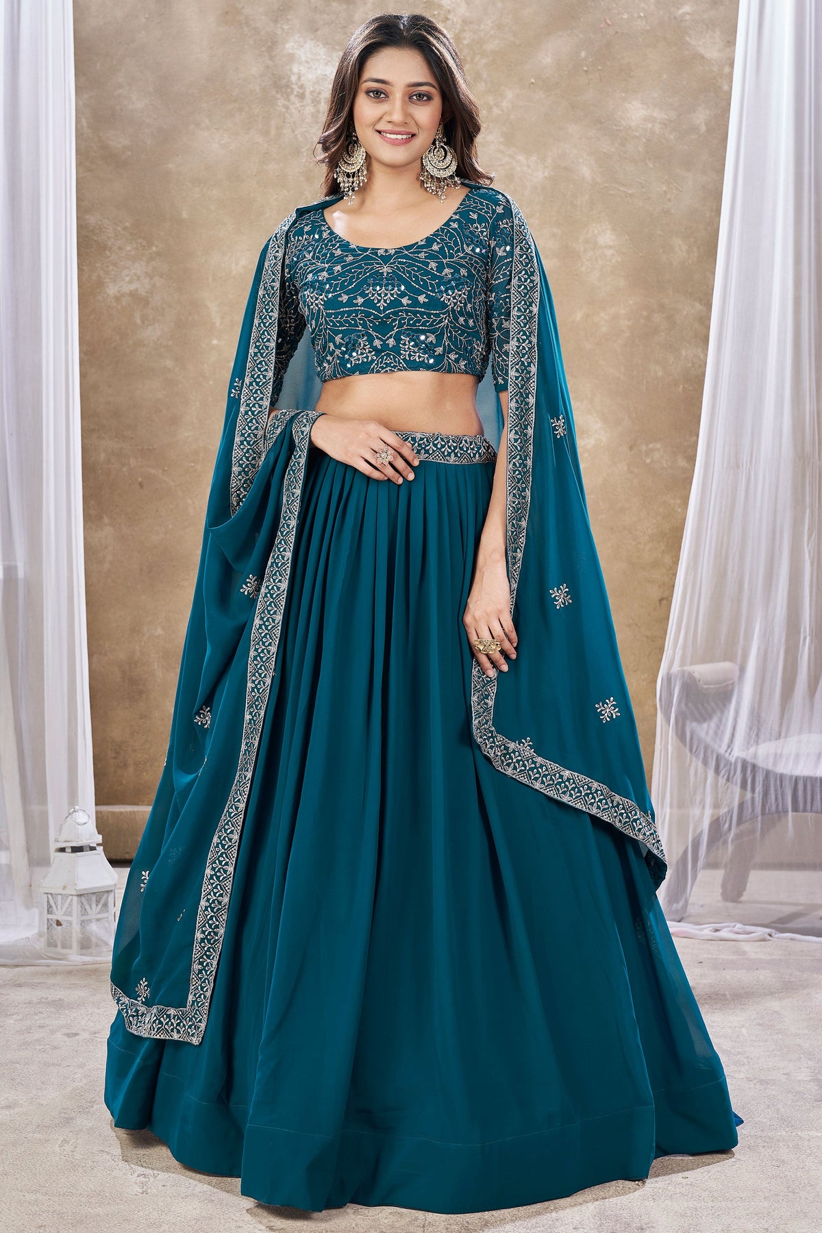 Beguiling Sequins Work On Teal Color Georgette Fabric Lehenga