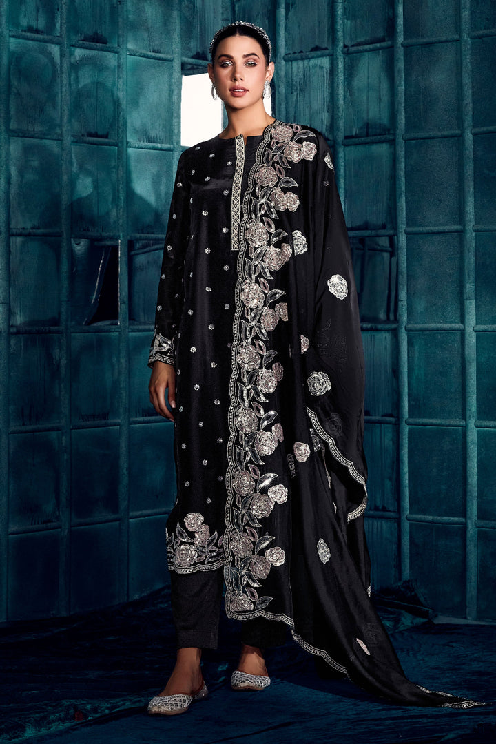 Art Silk Fabric Party Style Beatific Embroidered Salwar Suit In Black Color