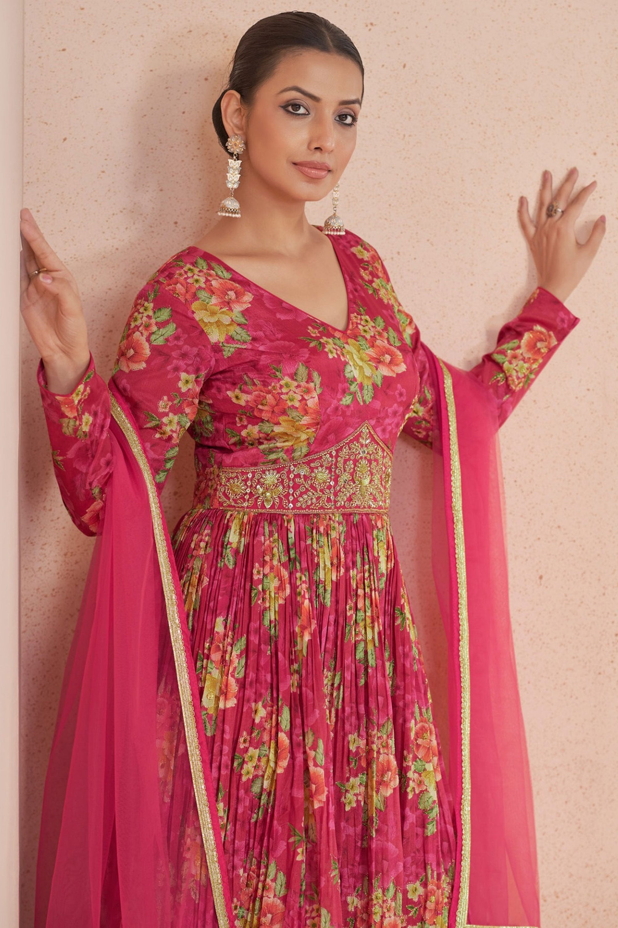 Red Color Floral Printed Work On Beatific Georgette Anarkali Suit