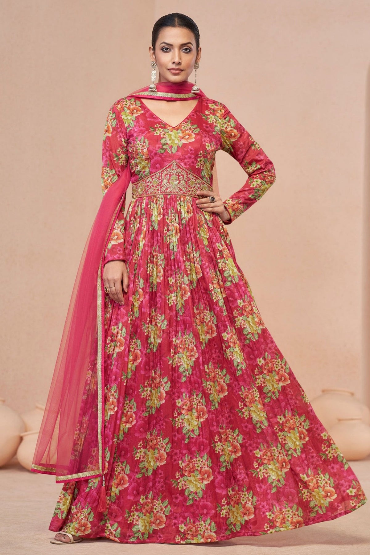 Red Color Floral Printed Work On Beatific Georgette Anarkali Suit